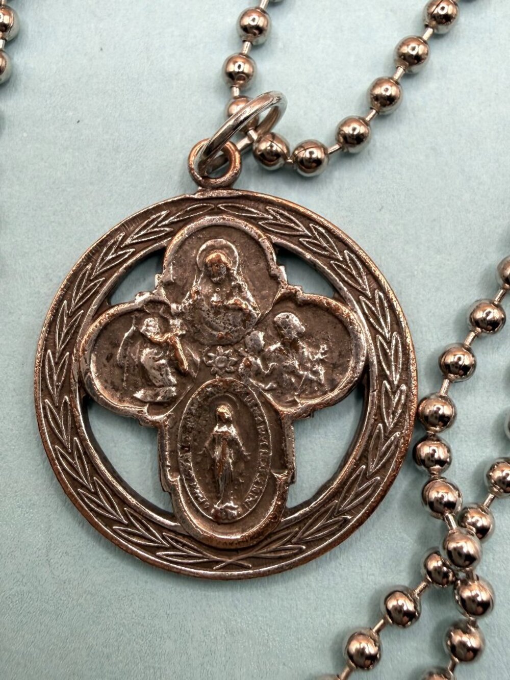 1940s Vintage Old Four Way Cross Round Religious Catholic Medal Pendant Necklace